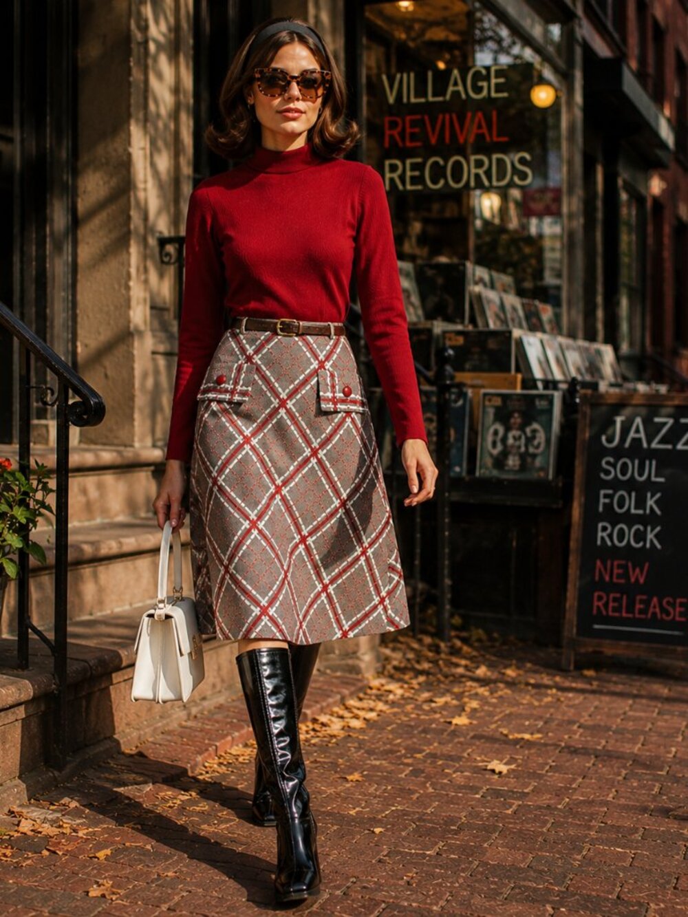 Vintage 1960s Toni Todd Mod Plaid A-Line Dress Red Mock Neck Size Medium